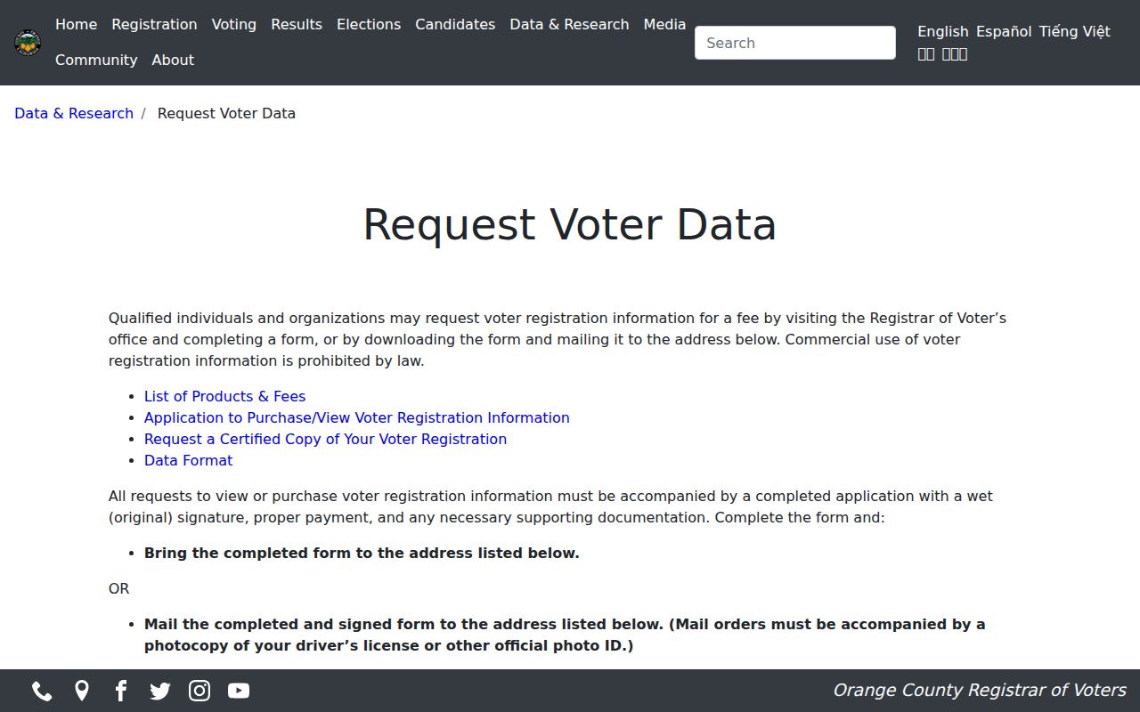 San Clemente voter registration records request page from Orange County